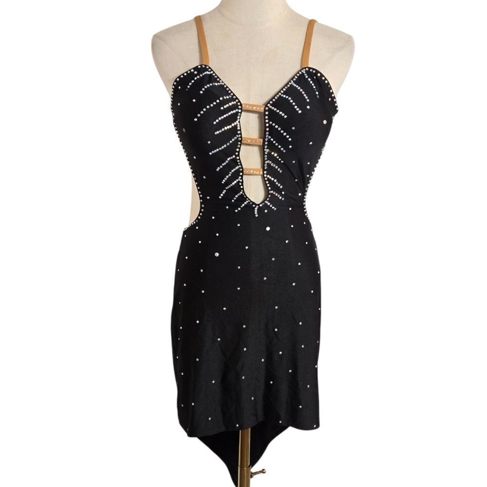 Hot Black Latin Rhinrstone Cut Out Dance Dress With Tan Straps